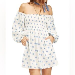 Billabong Wrangler Bellflower white polka dot off the shoulder mini dress XS